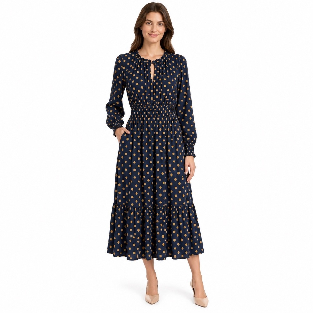Boden Navy Blue Tan Polka Dot Ruffle Keyhole Long Maxi Dress US 10R Long Sleeve